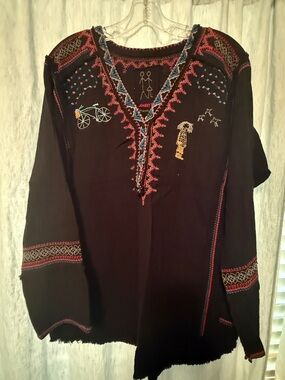 Johnny Was Black Embroidered V-Neck Tunic with Red and Blue Accents